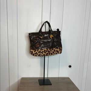 Vintage Leopard Print Leather Tote Bag - Calf Hair - Embossed pattern - brown